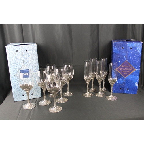 46 - Vintage Royal Selangor Pewter Sunflower Wine Glasses Set of 6 and a Royal Selangor Champagne Glasses... 