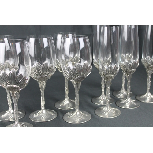 46 - Vintage Royal Selangor Pewter Sunflower Wine Glasses Set of 6 and a Royal Selangor Champagne Glasses... 