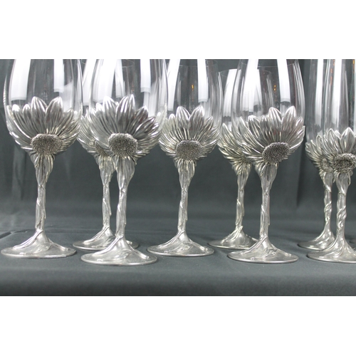 46 - Vintage Royal Selangor Pewter Sunflower Wine Glasses Set of 6 and a Royal Selangor Champagne Glasses... 