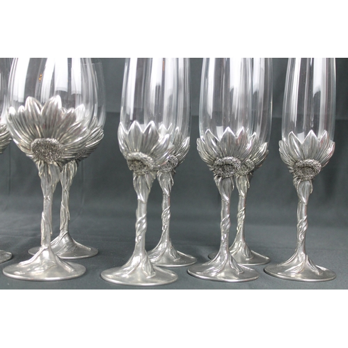 46 - Vintage Royal Selangor Pewter Sunflower Wine Glasses Set of 6 and a Royal Selangor Champagne Glasses... 