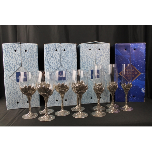 46 - Vintage Royal Selangor Pewter Sunflower Wine Glasses Set of 6 and a Royal Selangor Champagne Glasses... 