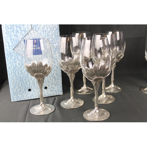 46 - Vintage Royal Selangor Pewter Sunflower Wine Glasses Set of 6 and a Royal Selangor Champagne Glasses... 