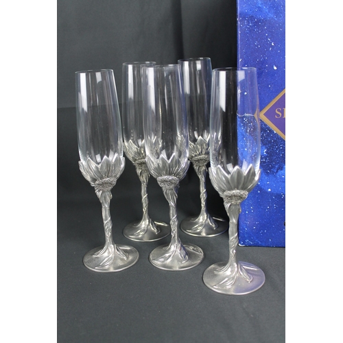 46 - Vintage Royal Selangor Pewter Sunflower Wine Glasses Set of 6 and a Royal Selangor Champagne Glasses... 