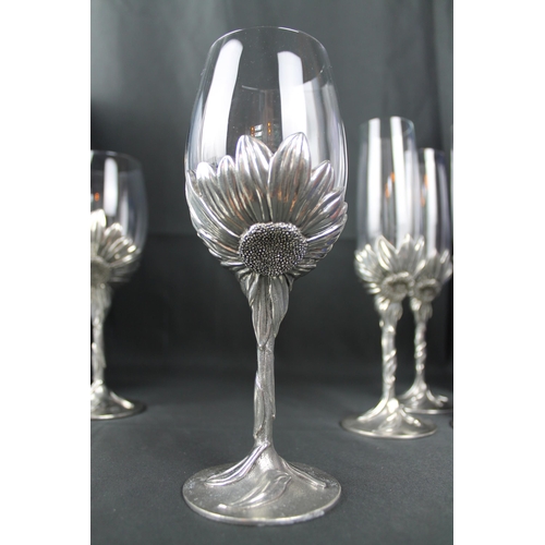 46 - Vintage Royal Selangor Pewter Sunflower Wine Glasses Set of 6 and a Royal Selangor Champagne Glasses... 