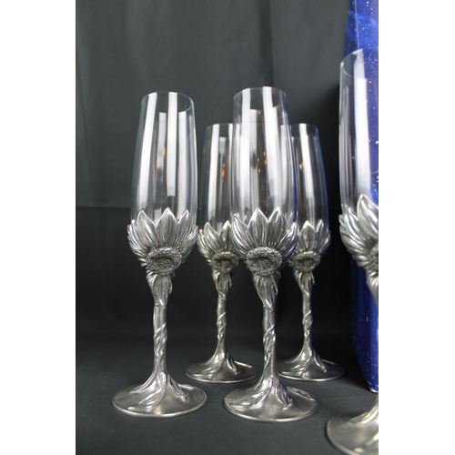 46 - Vintage Royal Selangor Pewter Sunflower Wine Glasses Set of 6 and a Royal Selangor Champagne Glasses... 