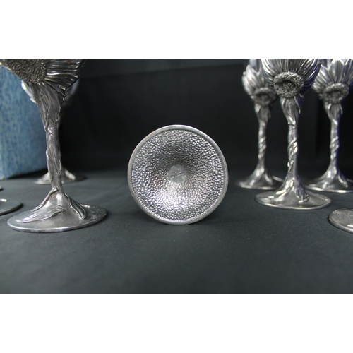 46 - Vintage Royal Selangor Pewter Sunflower Wine Glasses Set of 6 and a Royal Selangor Champagne Glasses... 