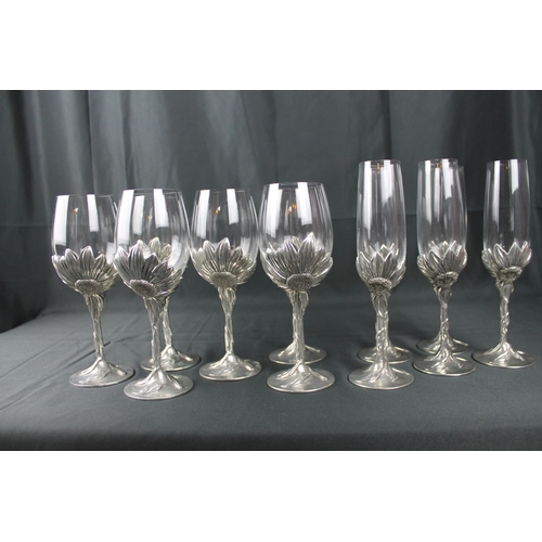 46 - Vintage Royal Selangor Pewter Sunflower Wine Glasses Set of 6 and a Royal Selangor Champagne Glasses... 