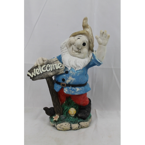 362 - Vintage Garden Gnome with Welcome Sign , Resin