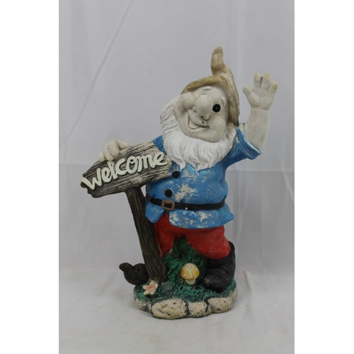 362 - Vintage Garden Gnome with Welcome Sign , Resin