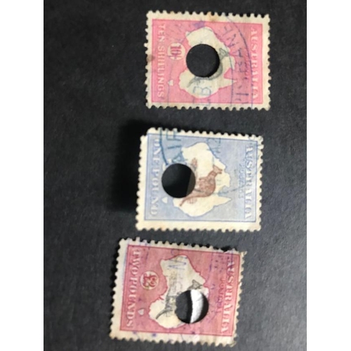 158 - Australia - 1915-27 10/-, £1 & £2 used with large central punch hole, small faults. Cat over £5000 e... 