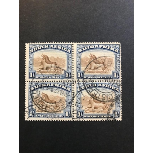 444 - South Africa 1927-30 1/- block of 4 used slight wrinkling esp. on lower pair SG 36.  (4)  (S)