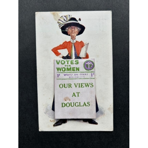 103 - Postcards - Suffragettes cartoon of a Suffragette with attached Votes for Women 