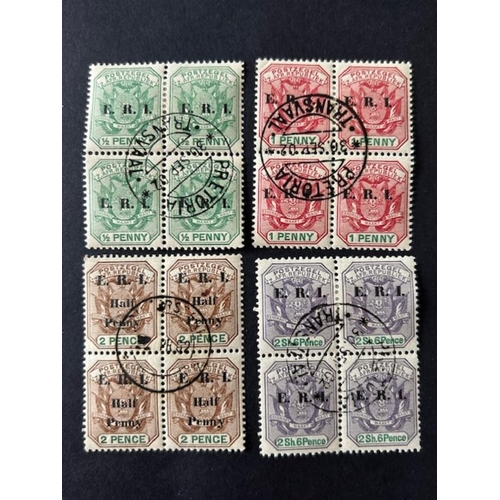 583 - Transvaal 1901 1/2d, 1d & 2/6 & 1/2d on 2d in superb used (CTO) blocks of 4 SG 238, 239, 242, 243. S... 