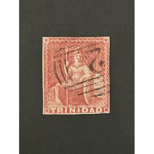 585 - Trinidad 1854-7 1d rose red 4 margins used but cut close SG12 (1) (S)