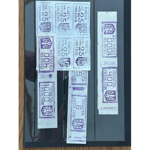 591 - Ukraine - violet stamps produced on a duplicator 25 + Air block of 6 & strip of 4 & pair of Se Tenan... 