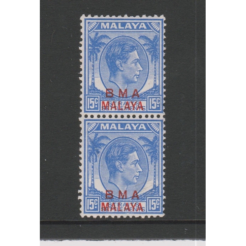 405 - Malaya BMA 1945-8 15c u/m pair SG12. Tests chalky.  (2)  (S)