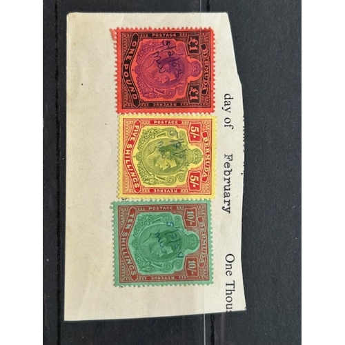 267 - Bermuda - 1938-53 P13 5/- SG 118f, 10/- SG 119f & £1 SG 121e all pen cancelled on piece. Cat £435 as... 