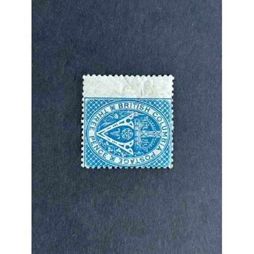 275 - British Columbia 1865-7 3d deep blue mint heavy hinge wing margin example photo (1) (S)