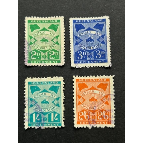 127 - Australian States: Queensland Buffalo Fly stamps 1941 3d, 1/-, 2/6 & 1943 2d used. Insect Thematics!... 