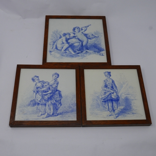 36 - WITHDRAWN-Three Delft style blue and white tiles, comprising one of two maidens, 16.5 x 16.5cm, one ... 