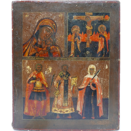81 - A Russian icon in three registers depicting the Mother of God of Korsun, the Crucifiction of Christ ... 