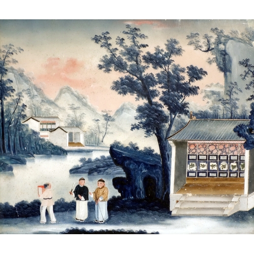 30 - An 18th century Chinese reverse glass painting of figures in a courtyard scene, set in a Venetian st... 