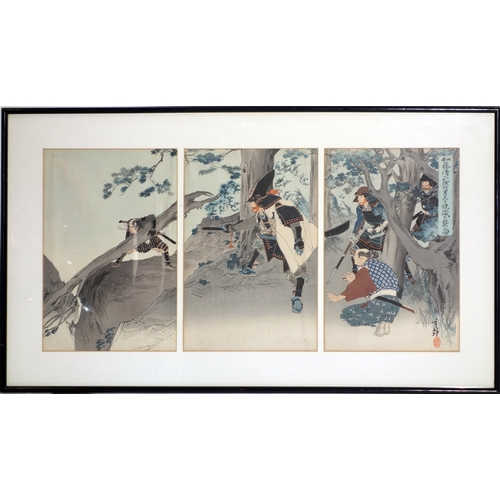34 - A 19th century Japanese woodblock triptych of warriors by tree, with artist marks, 34 x 71cm