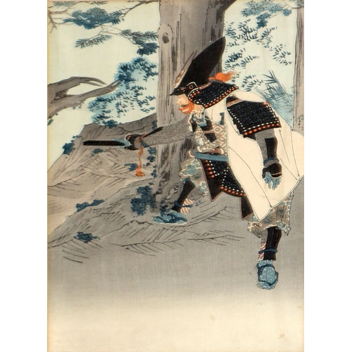 34 - A 19th century Japanese woodblock triptych of warriors by tree, with artist marks, 34 x 71cm