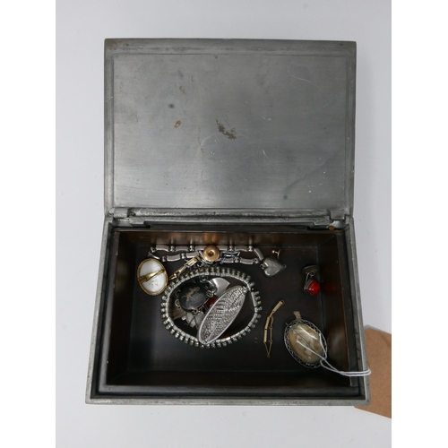40 - Pewter casket containging vintage, costume jewellery: diamante bracelet, enamel clip earrings, oval ... 