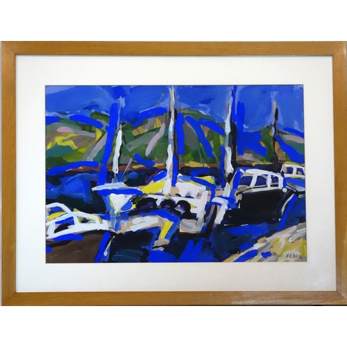 19 - Đuro Seder (Croatian, b.1927), Sailing boats in a harbour, gouache, signed lower right, framed and g... 