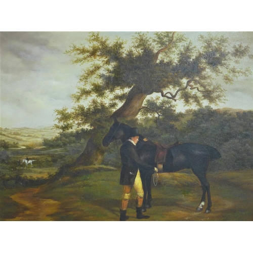 500 - Colin Muirhead, Horse and rider beneath an oak in an British landscape, oil on canvas, in gilt frame... 