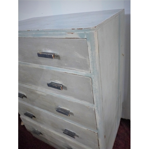 54 - A distressed grey painted chest of five drawers, on pedestal base, H.103 W.77 D.46cm