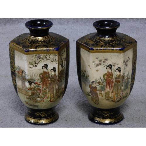 29 - A pair of satsuma pottery Japanese vases with hand painted and gilded figures and floral design. Art... 