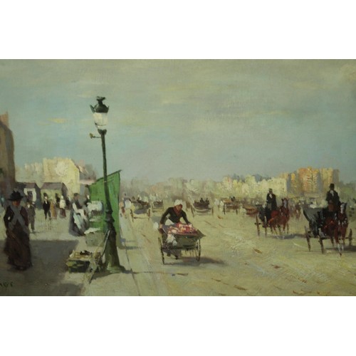 53 - A gilt framed Impressionist style oil on canvas, busy street scene, indistinctly signed. H.38 W.53cm... 