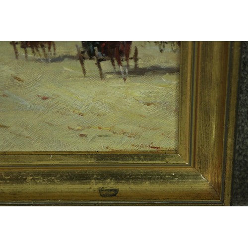 53 - A gilt framed Impressionist style oil on canvas, busy street scene, indistinctly signed. H.38 W.53cm... 