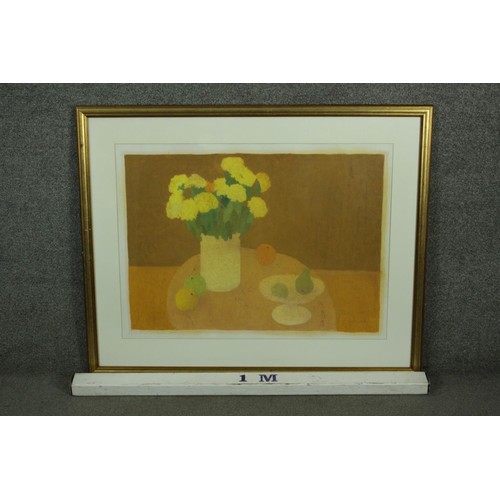 269 - Bernard Myers (1925 - 2007), oil pastel still life of a vase of yellow flowers, signed B Meyers. H.7... 