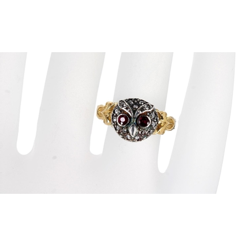 100B - Novelty 18ct and silver 'owl' design ring in the Victorian style, with ruby set eyes in a diamond su... 