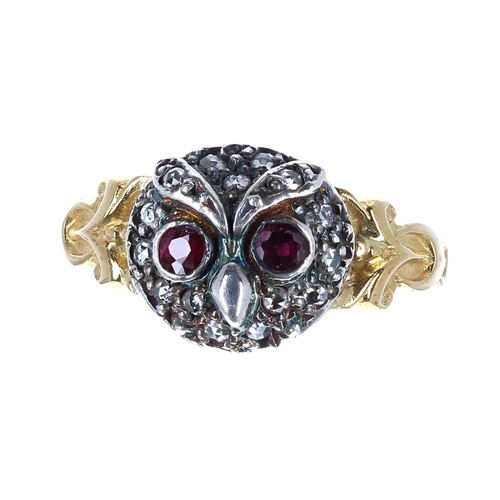 100B - Novelty 18ct and silver 'owl' design ring in the Victorian style, with ruby set eyes in a diamond su... 