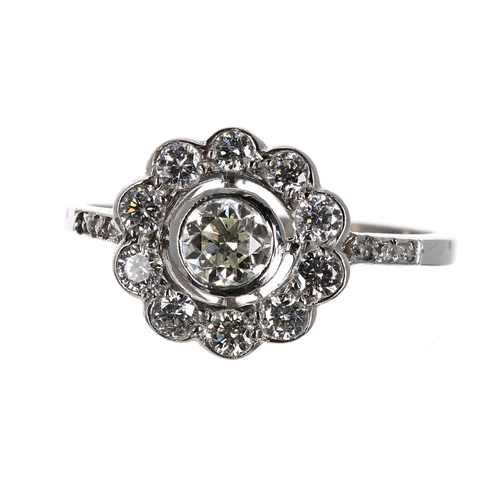 100C - Platinum diamond cluster ring, round brilliant-cut, 0.75ct approx, clarity VS2-SI, colour I/J, 10.5m... 