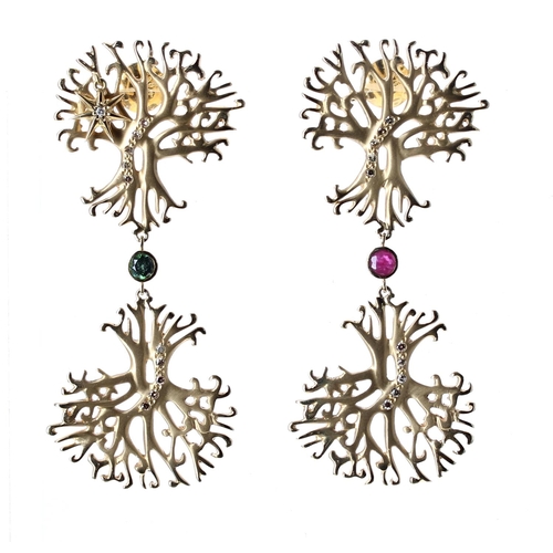 109 - Árvore (Russian) 18k diamond, green and red gem drop 'Tree of Life' design earrings, 19.3gm (314)