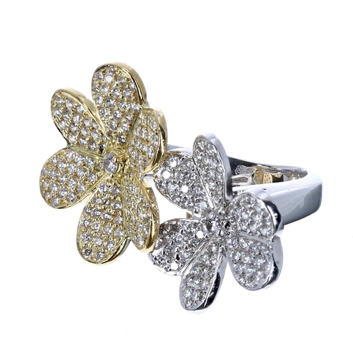 125 - 18k yellow and white gold diamond set double flower ring, 13.2gm, 25mm x 34mm, ring size I (334)