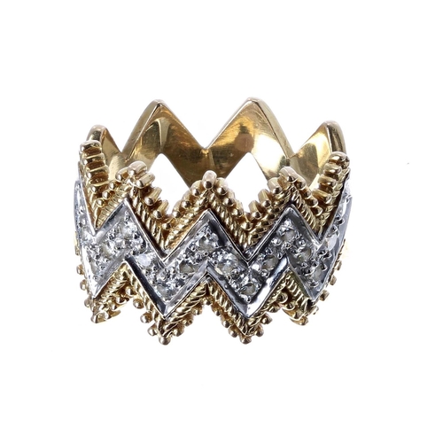 134 - 18k diamond set zig-zag design ring, width 13mm, 6.2gm, ring size J/K (345)