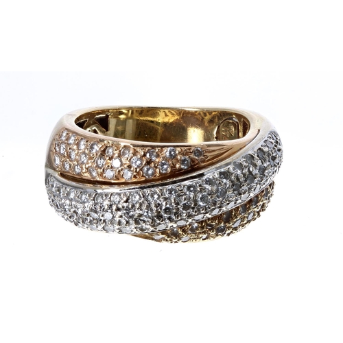 135 - 18k three colour pavé diamond crossover dress ring, width 9.5mm, 9.6gm, ring size J/K (346)