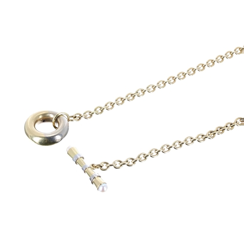 139 - Good 18ct necklace with a toggle and ring clasp set with pearl terminals, 43.2gm, 22