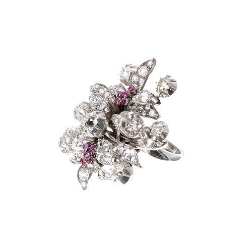 168 - Antique large 18ct white gold customised floral spray diamond ring with cabouchon rubies, old mine-c... 