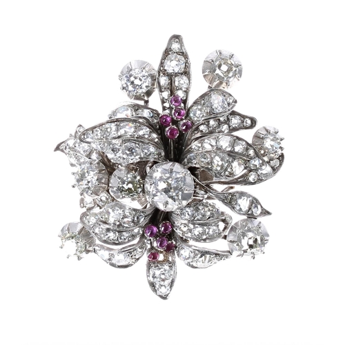 168 - Antique large 18ct white gold customised floral spray diamond ring with cabouchon rubies, old mine-c... 