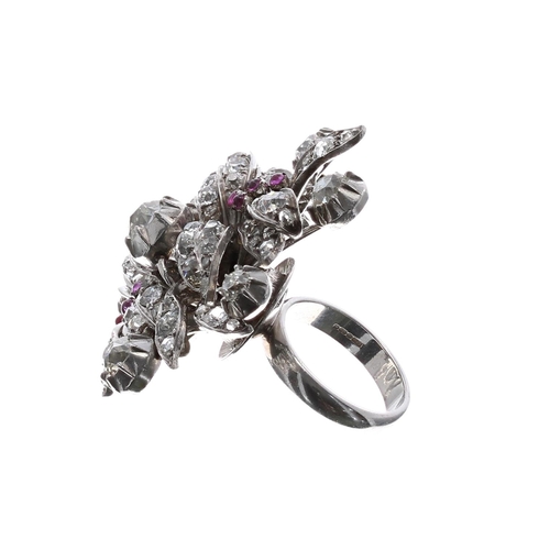 168 - Antique large 18ct white gold customised floral spray diamond ring with cabouchon rubies, old mine-c... 