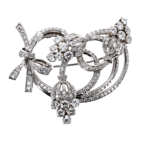 170 - Attractive and good quality 18ct white gold diamond flower and bow brooch, consisting of round brill... 