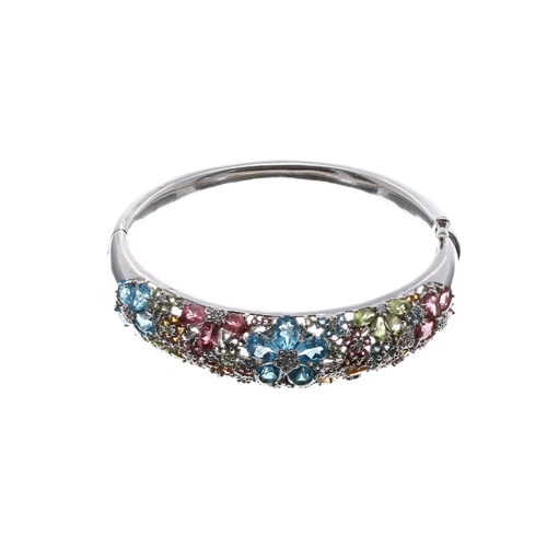 172 - 14k white gold multi-coloured gem set hinged bangle, signed Celamoro, width 16mm 36gm (40)