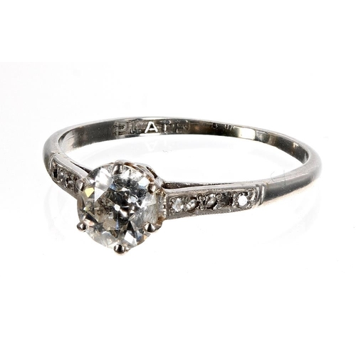 176 - Good platinum solitaire diamond ring with set shoulders, Old-European-cut, 1.10ct approx, clarity SI... 